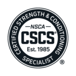 NSCA CSCS certified strength and conditioning specialist circular black-and-white logo, Est. 1985