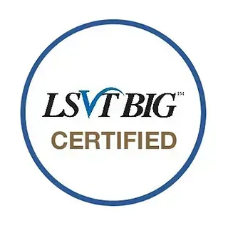 LSVT BIG certified logo in blue and gold inside a blue circle