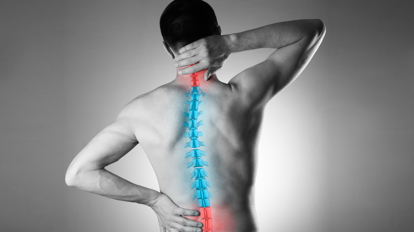 Gray-toned back pain illustration showing a person holding their neck, with a highlighted spine in blue and red