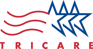 TRICARE logo with red wavy lines and blue stars above red text