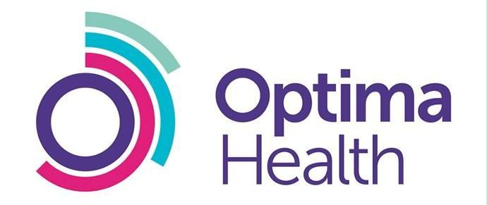 Optima Health logo with teal, magenta, and purple circular icon and wordmark