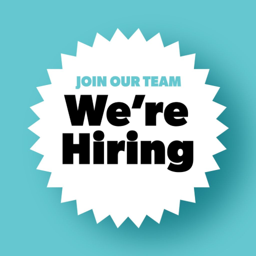 Teal recruitment graphic with a white starburst reading “Join our team, We’re Hiring”