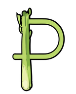 The capital letter P illustrated to look like a green stalk of asparagus on a white background.