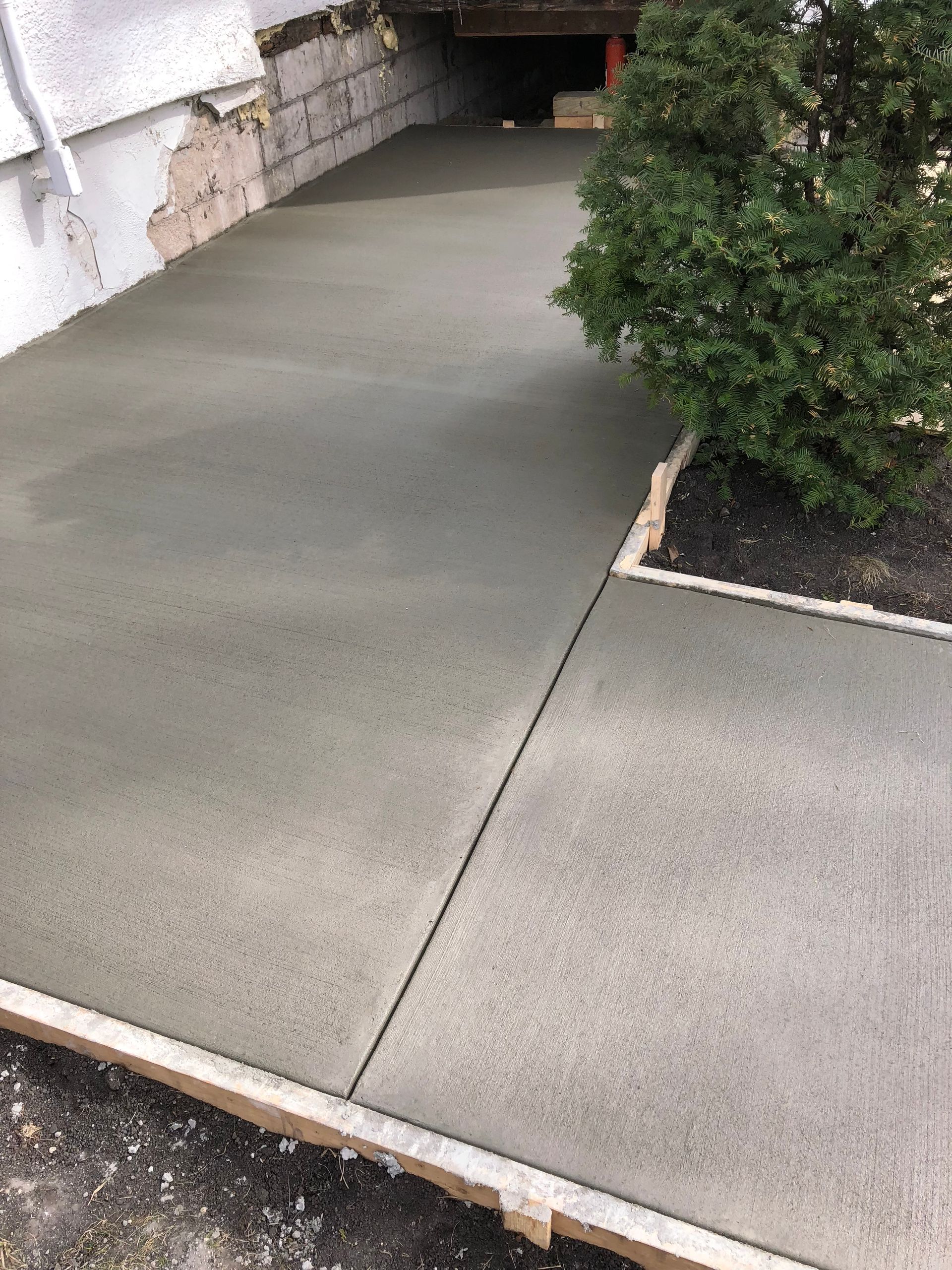 A newly poured concrete walkway leads toward a recessed basement entrance next to a small green bush.