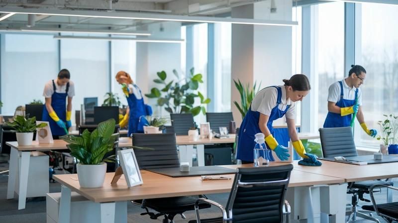 Workers cleaning a bright office with desks, computers, and potted plants