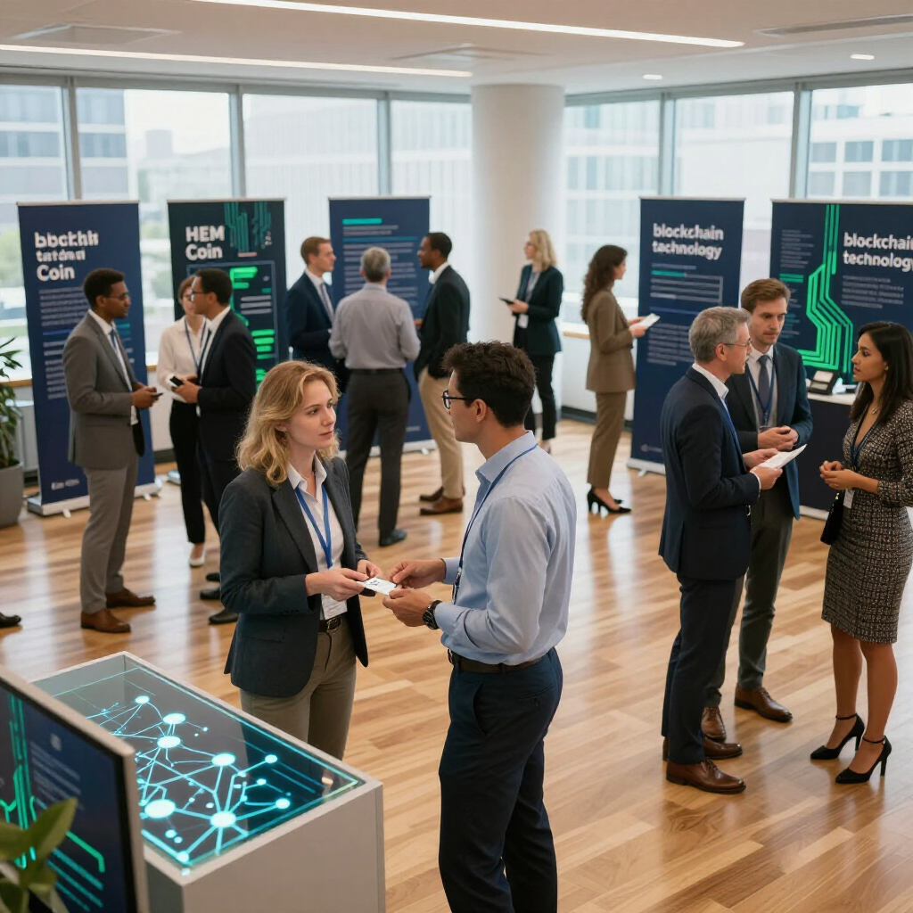 Business professionals networking at a tech-themed conference, featuring informational display stands and digital screens.