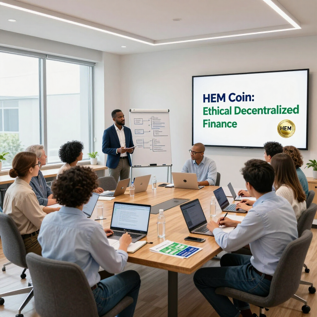 A business meeting in a modern conference room with a presenter standing before a screen titled 