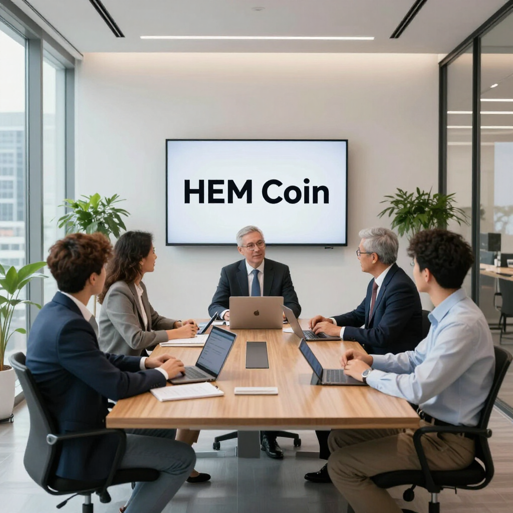 A professional meeting around a wooden table in an office, with a screen displaying 