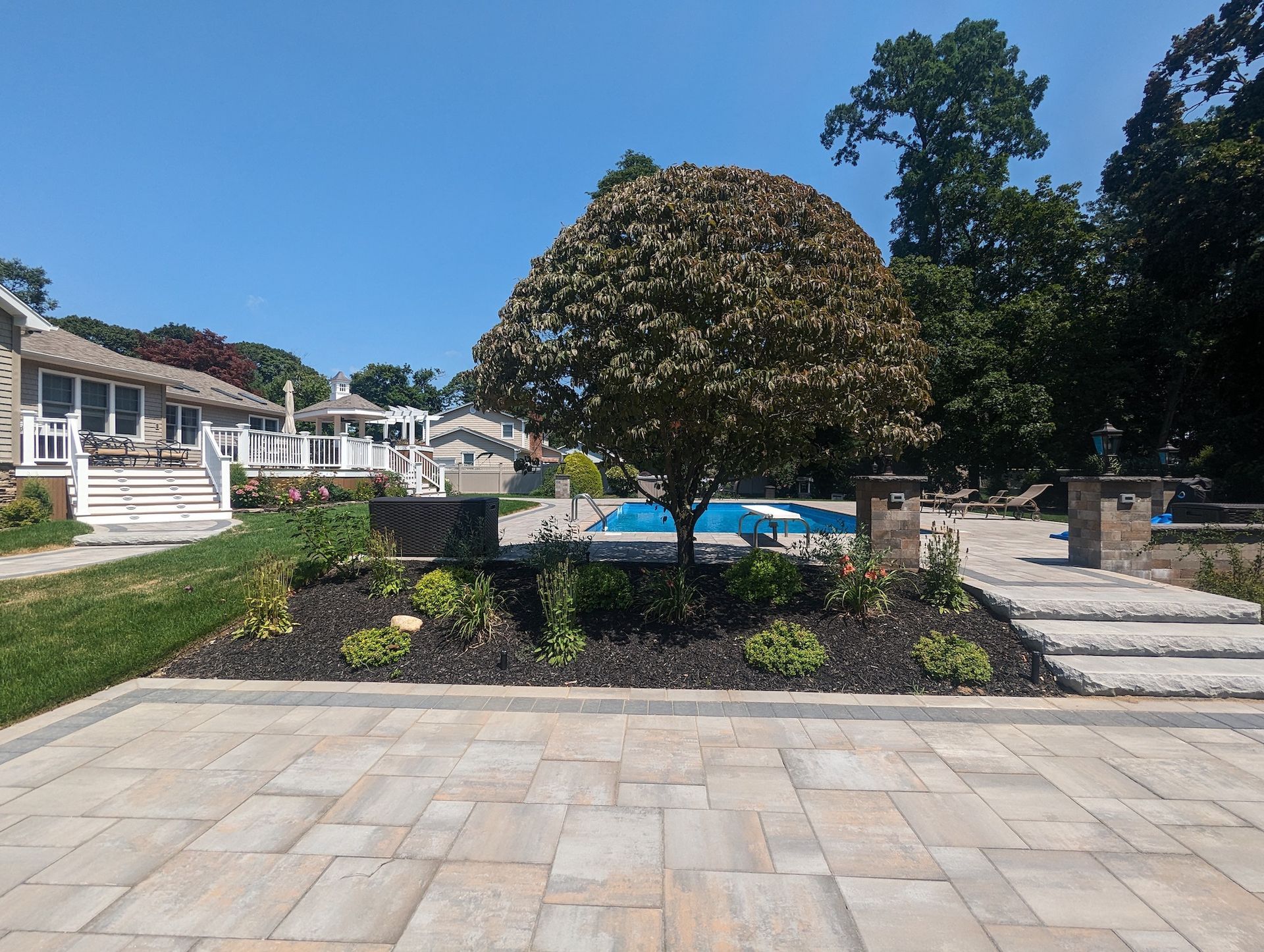 new landscape design & tree & shrub installation around pool