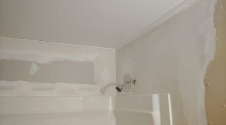 A bathroom with a shower and a ceiling that is being painted.