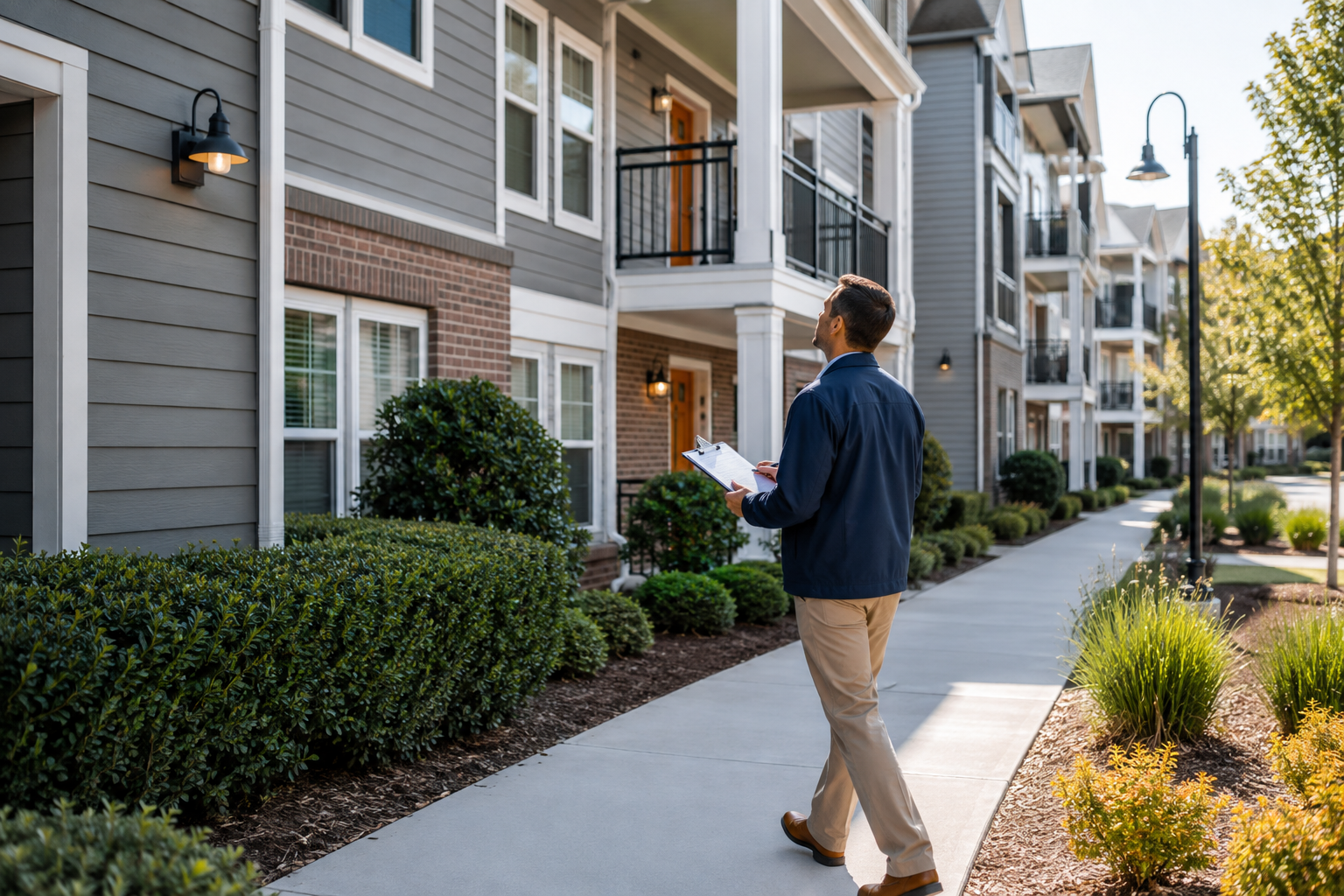 Property consultant conducting a multifamily community performance inspection