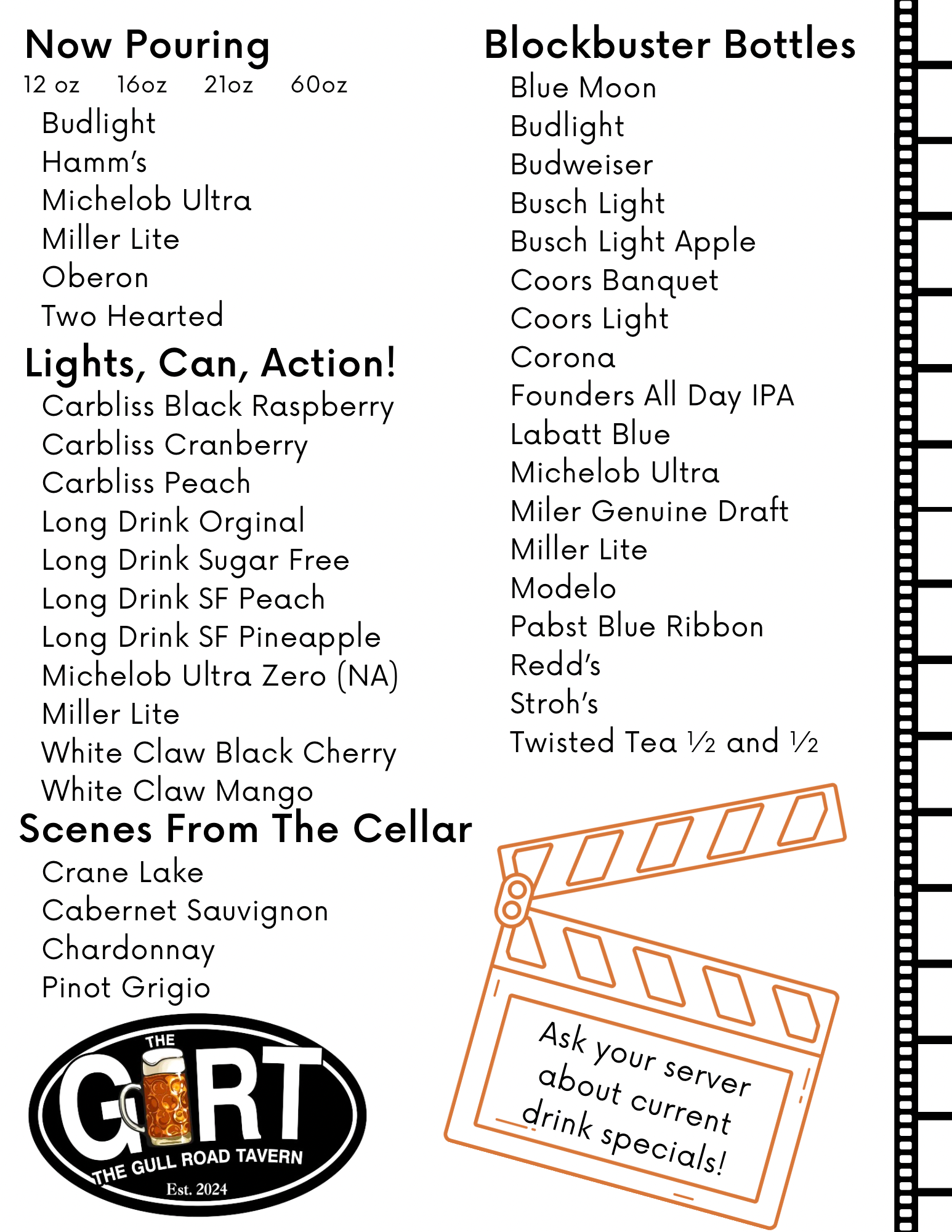 Beer menu poster with sections for Now Pouring, Blockbuster Bottles, Lights, Can, Action!, and Scenes From the Cellar