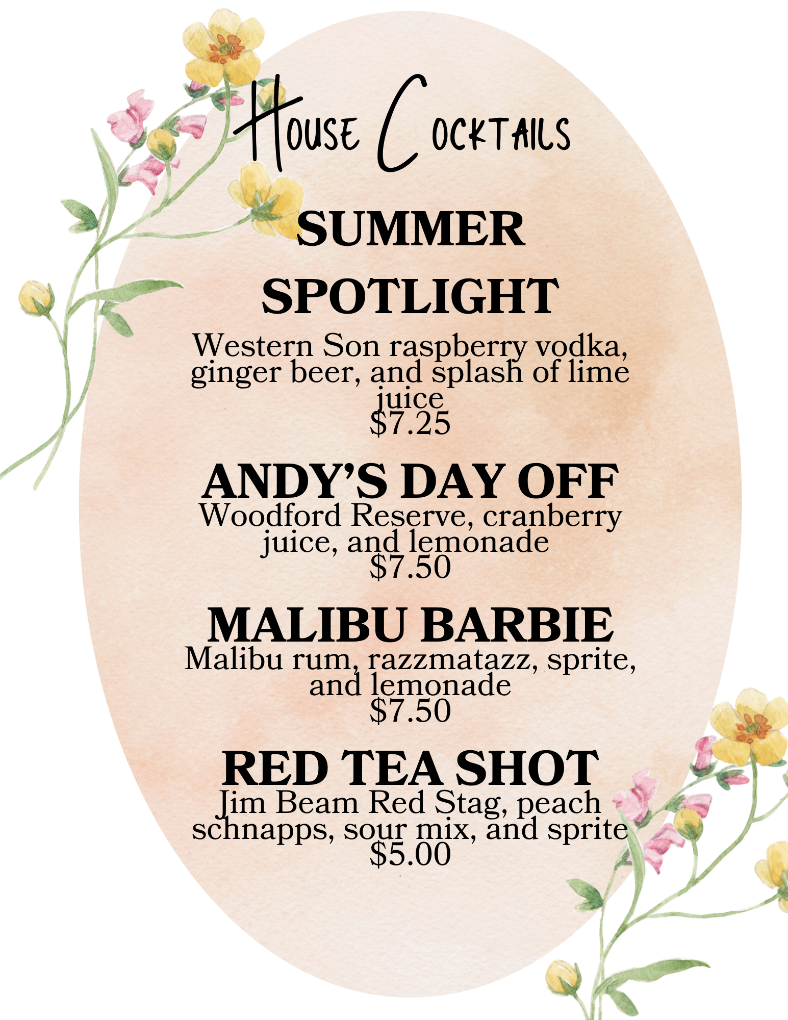 Cocktail menu with floral accents, listing four summer drinks on a white background.