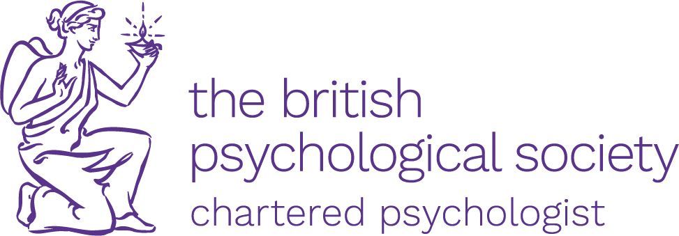 Logo of The British Psychological Society. Purple illustration of a figure holding a light, text reads “The British Psychological Society Chartered Psychologist”.
