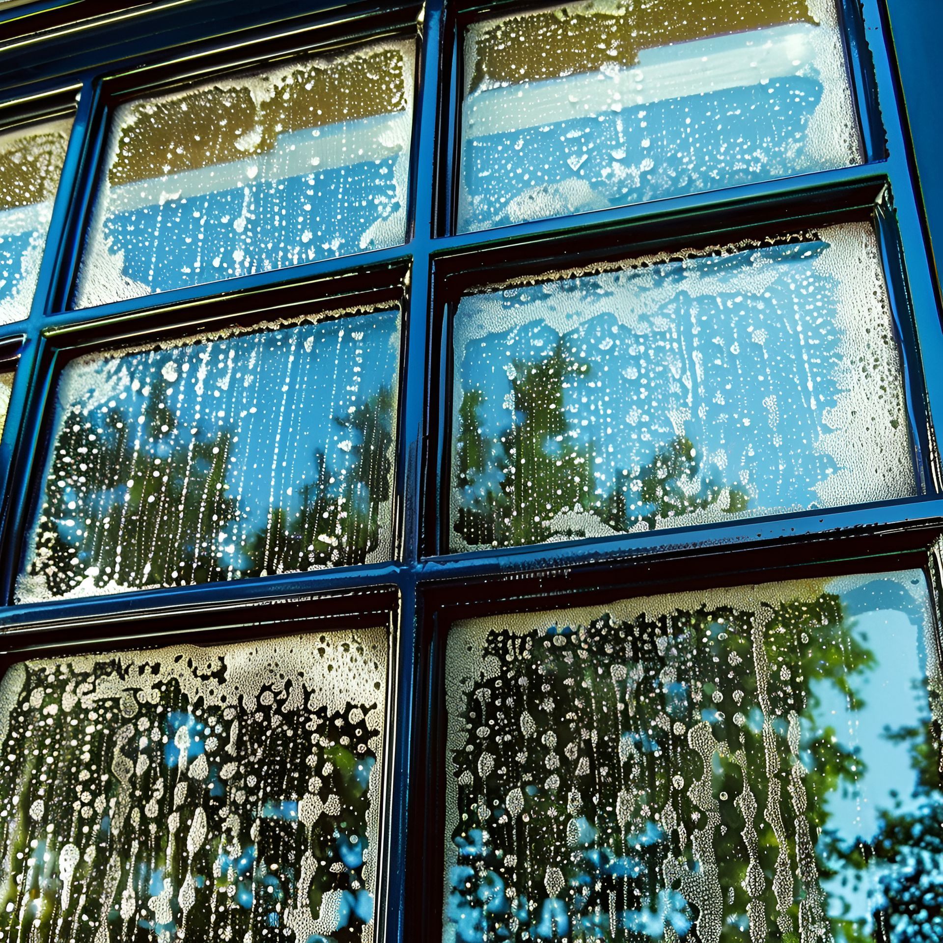 A window with a lot of water drops on it