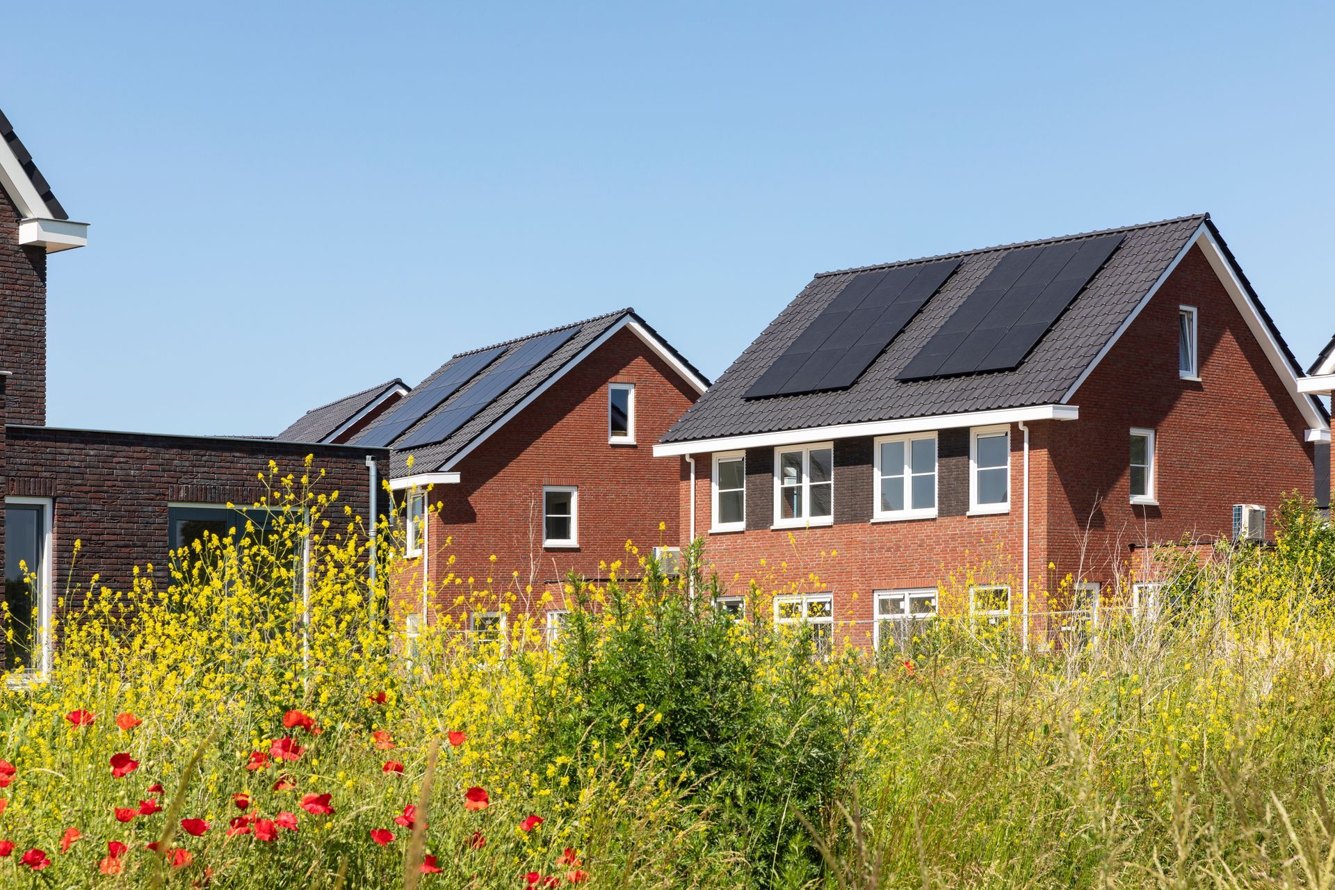 A row of houses with solar panels on the roofs