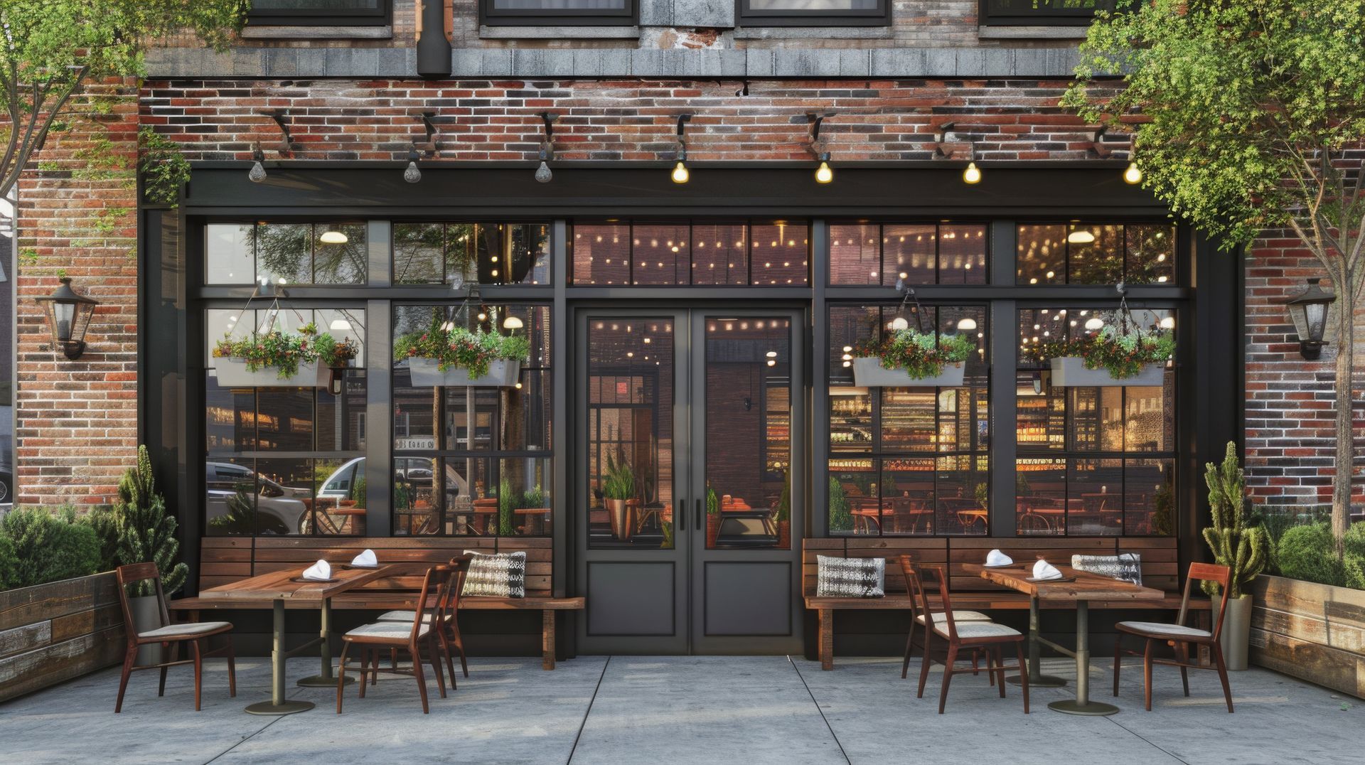 A restaurant with tables and chairs outside of it.