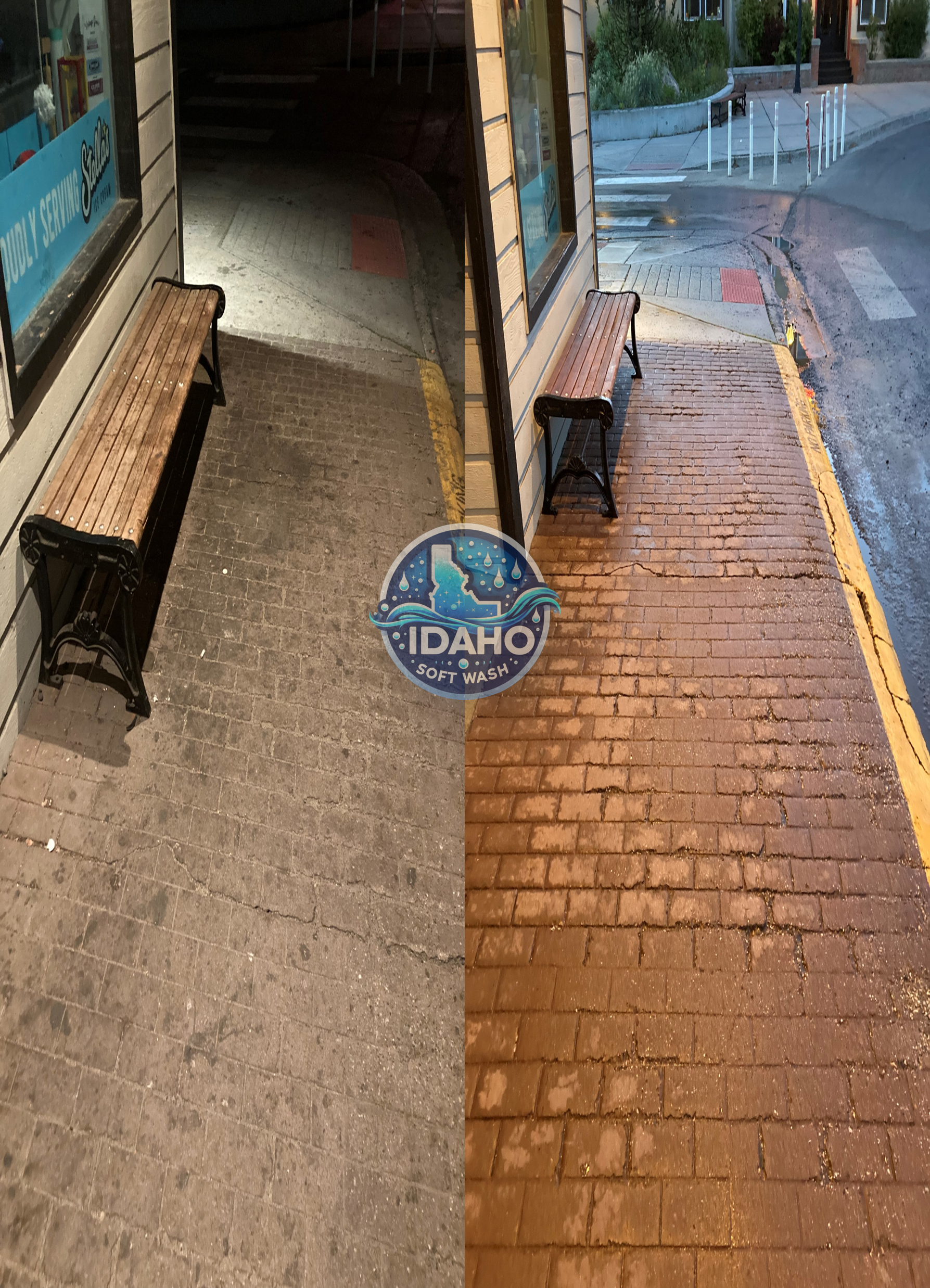 A before and after photo of a bench on a sidewalk.