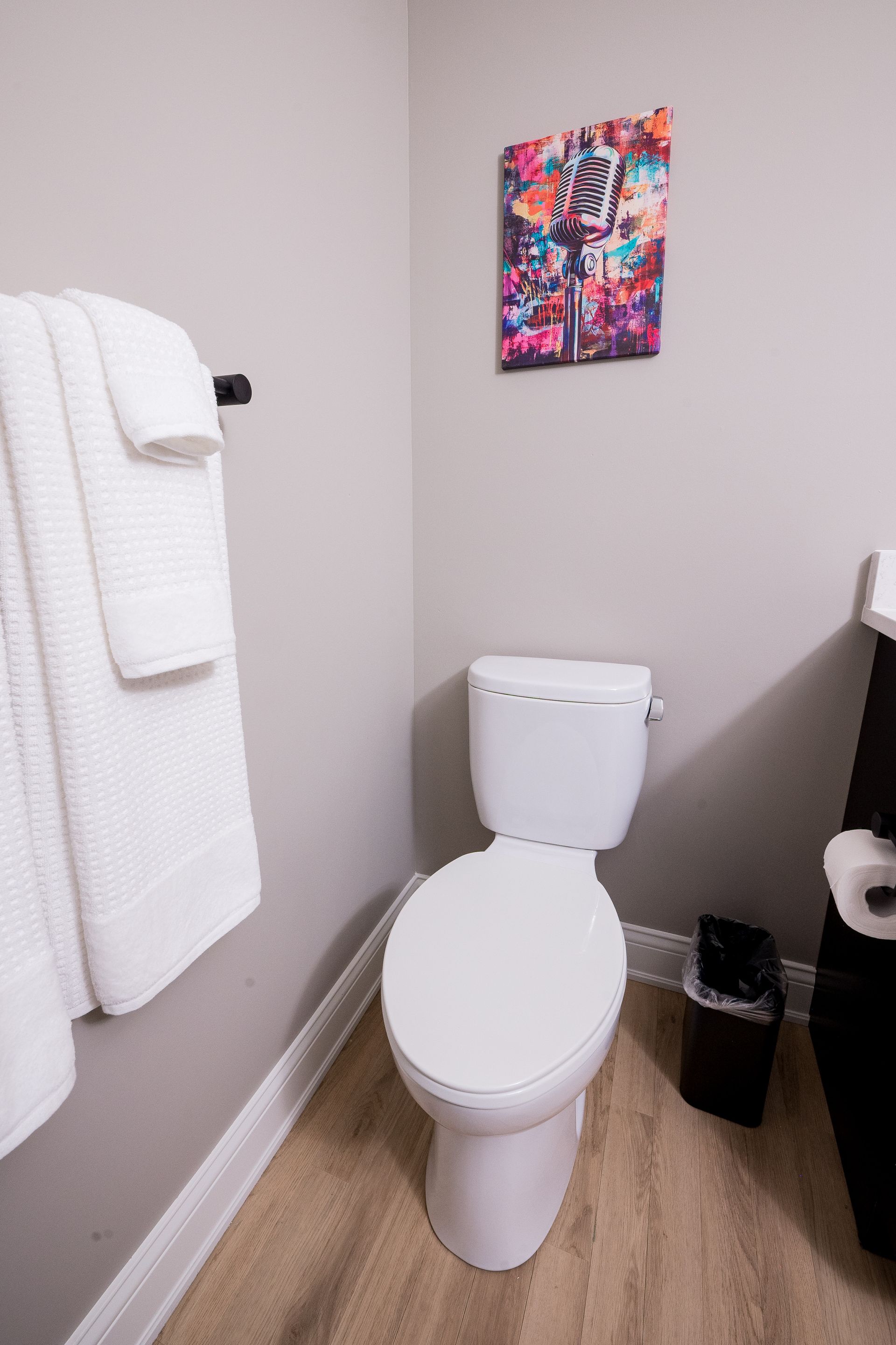 Small bathroom with a toilet, towel rack, trash bin, and colorful wall art.