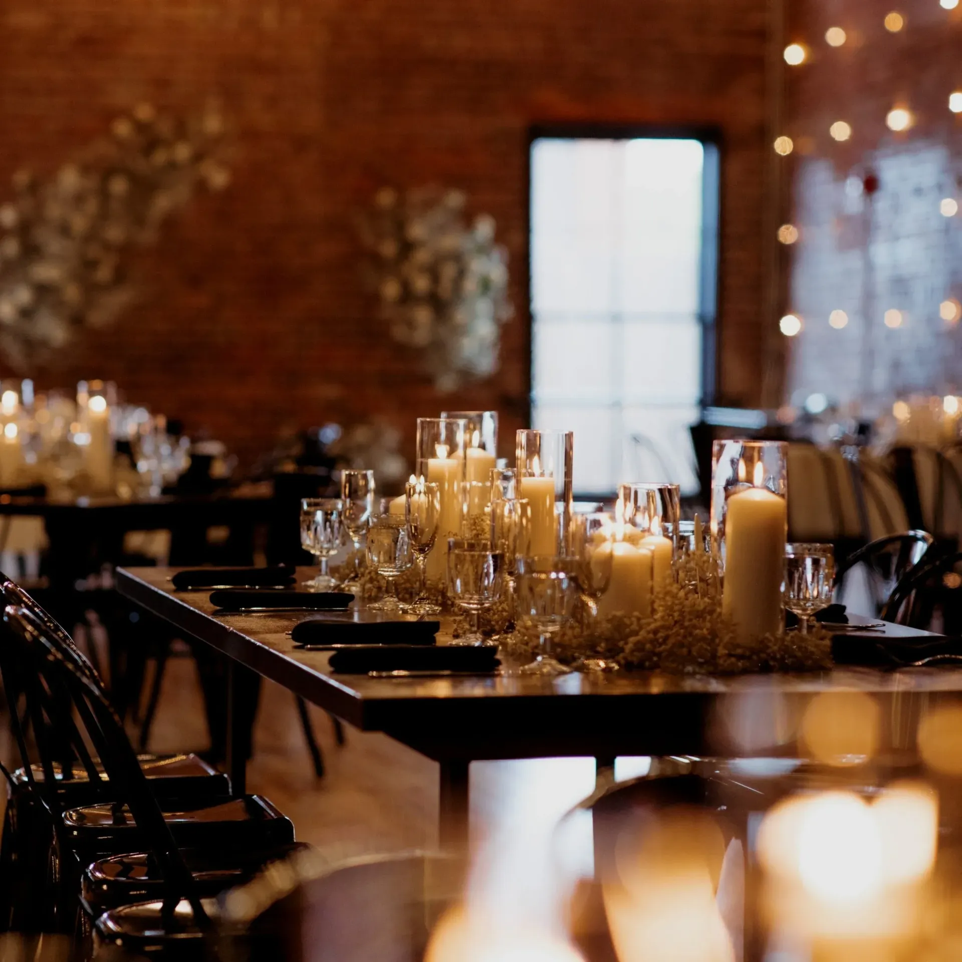 Candles and glassware set on a long table in a warmly lit brick-walled event venue
