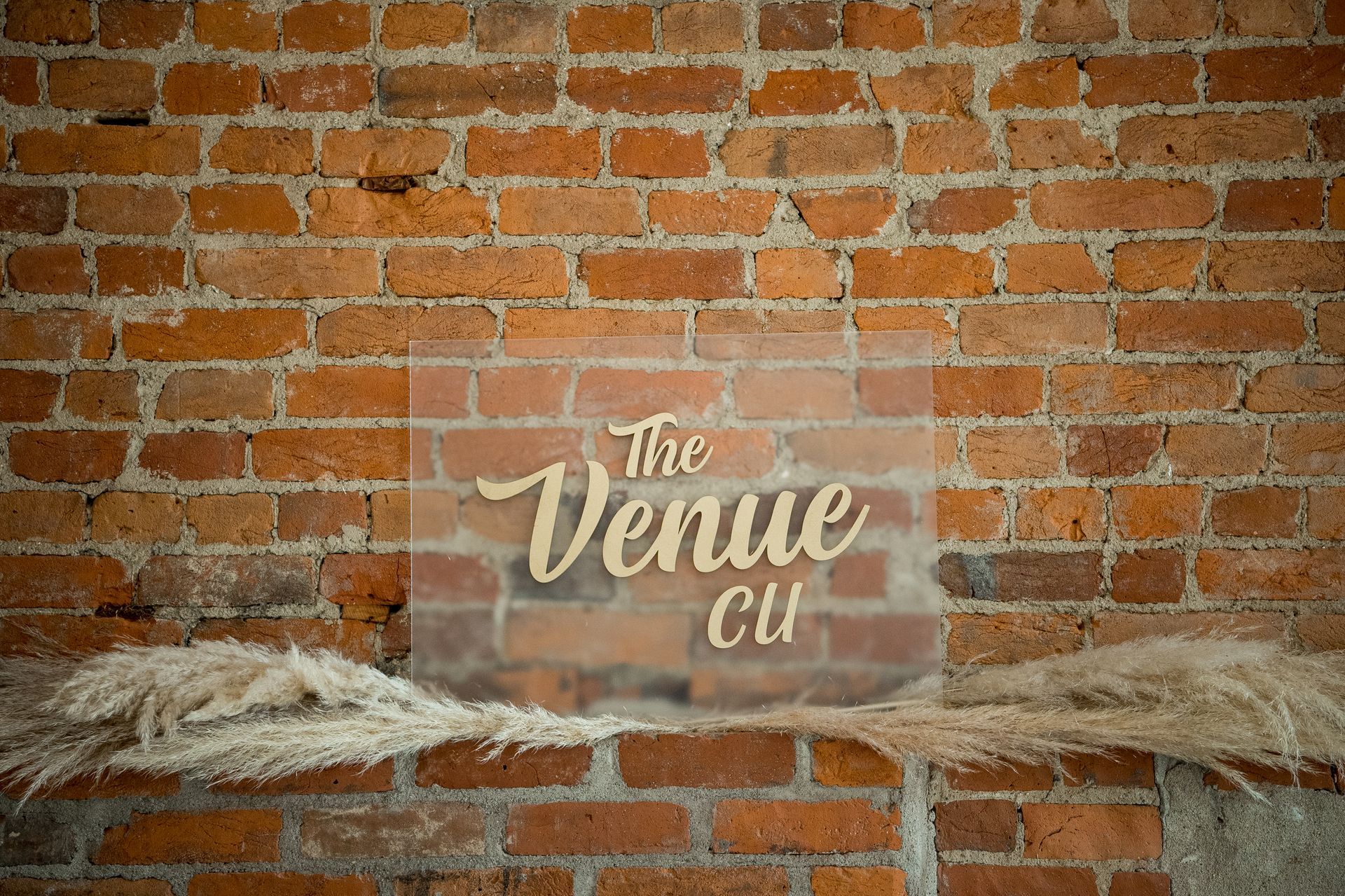 “The Venue” sign on a brick wall with dried grasses on both sides