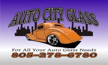 Auto City Glass logo with orange car silhouette, city skyline, and “For All Your Auto Glass Needs”