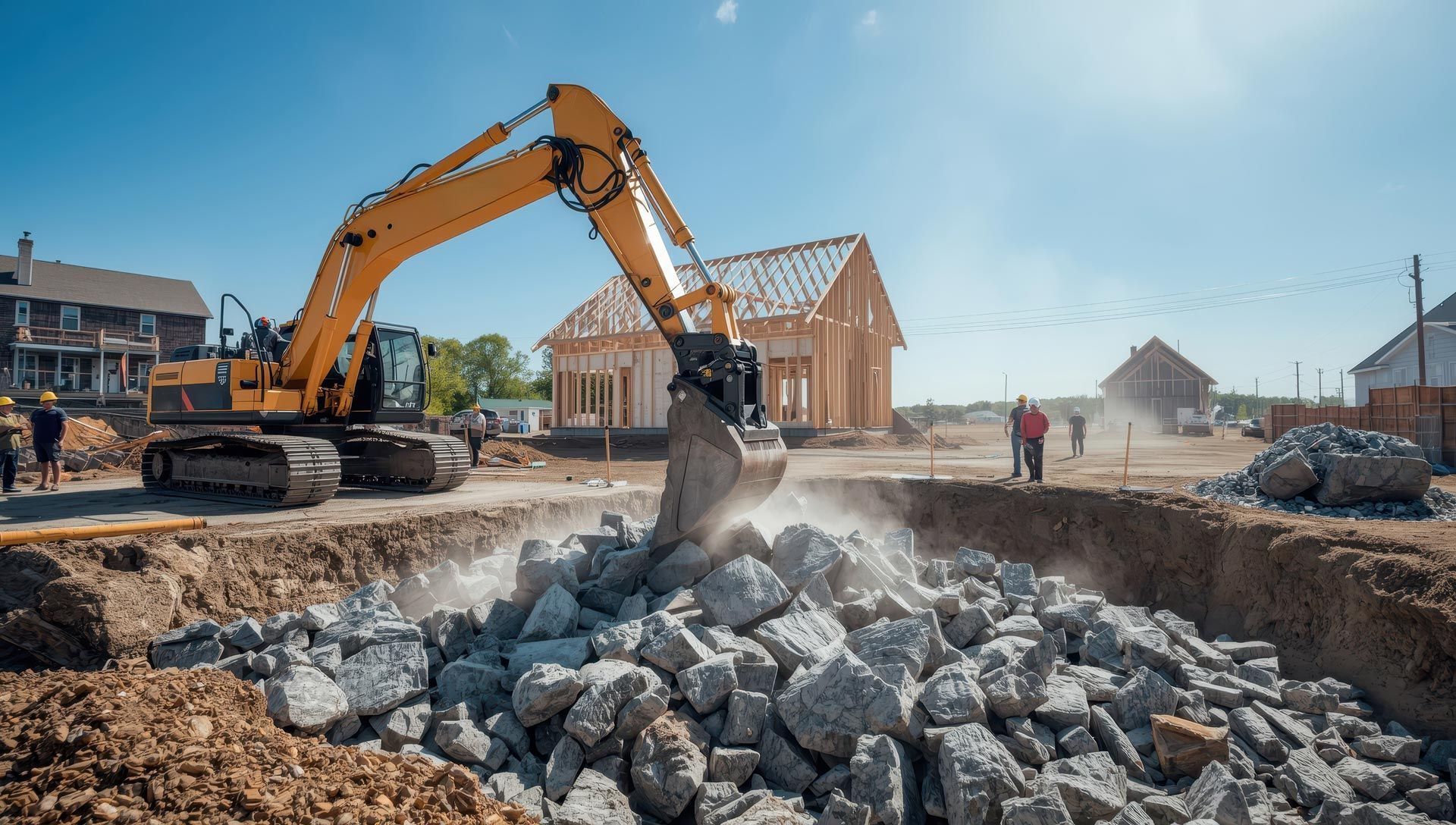 Excavators use granite rubble to level excavation irregularities for concrete foundations.