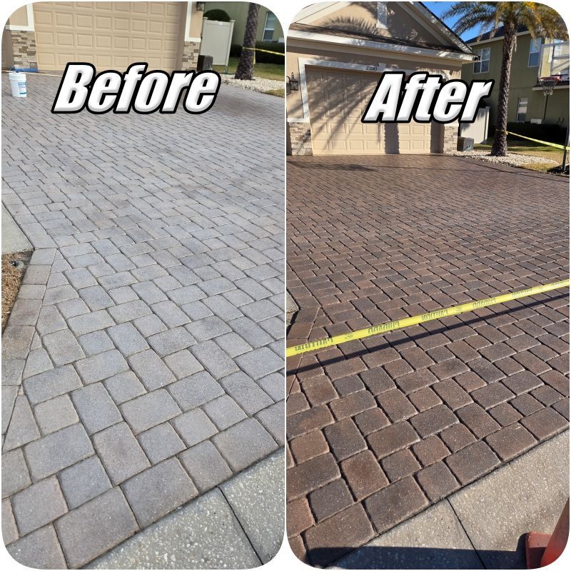 Before-and-after of a gray paver driveway transformed to reddish-brown brick pavers.