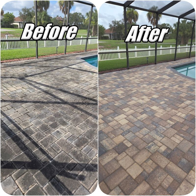 Before-and-after patio paver cleaning beside a pool, showing stained bricks transformed to a clean tan surface.