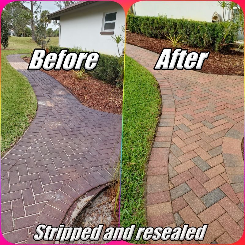 Before-and-after of a brick walkway: left dark and dirty, right cleaned and resealed.