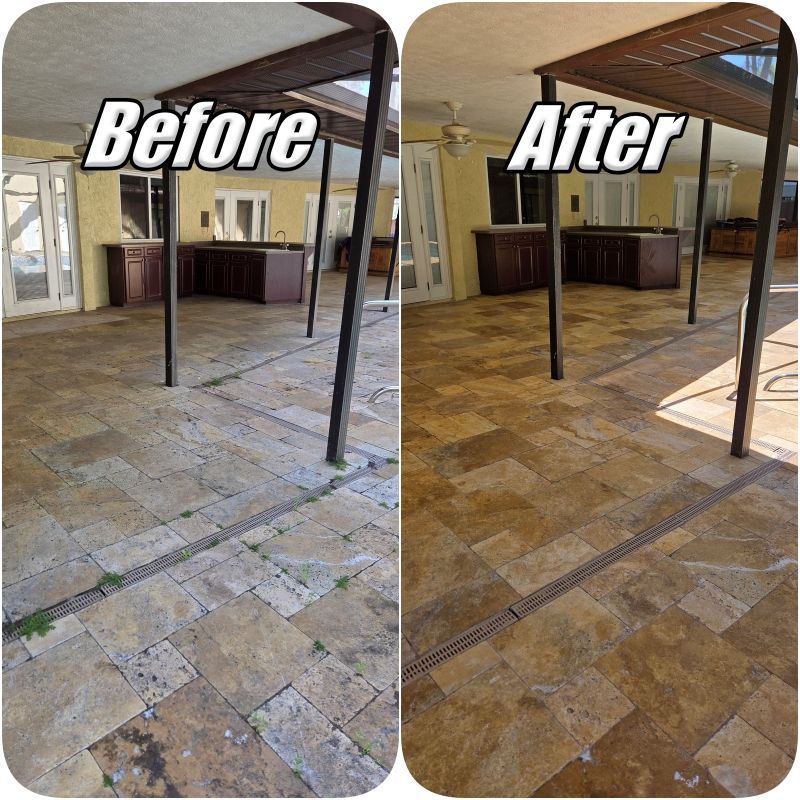 Before-and-after of a cleaned stone patio, with the after side looking warmer and more polished.