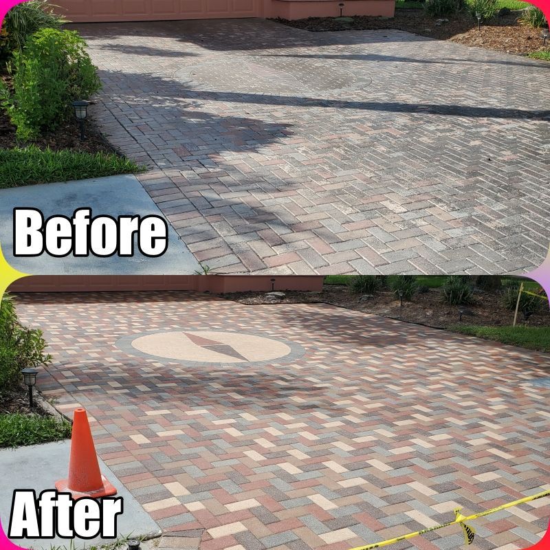 Before-and-after view of a brick driveway, showing a faded patch repaired in the after image.