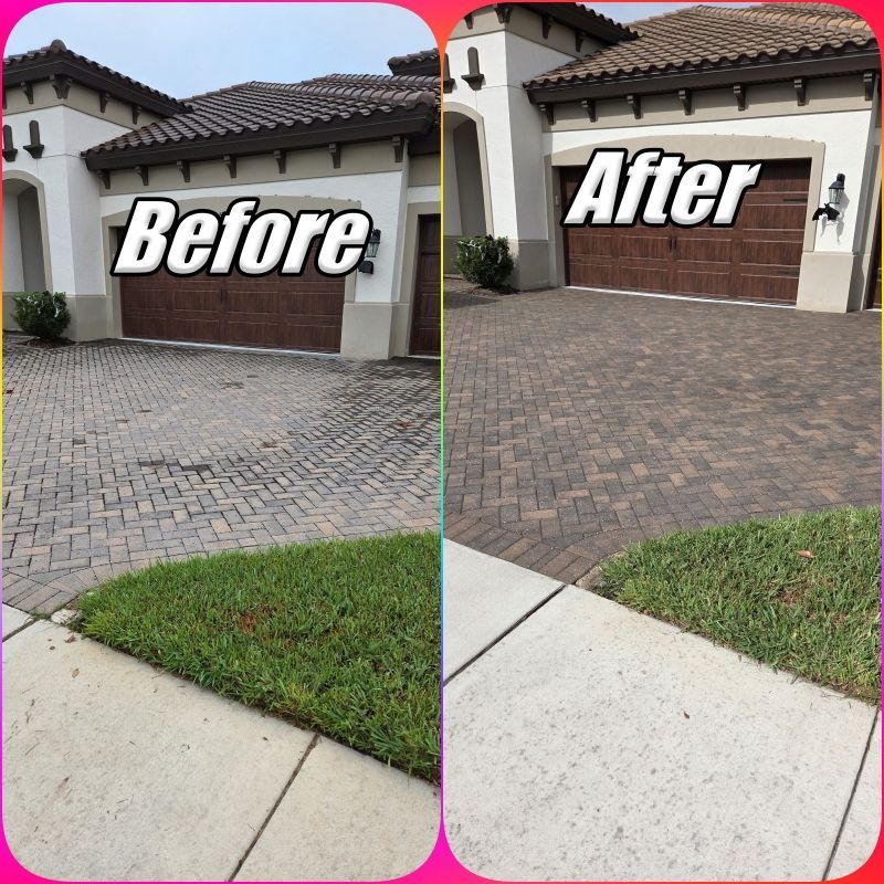 Before-and-after view of a house driveway and walkway with replaced pavers and cleaner curb edging
