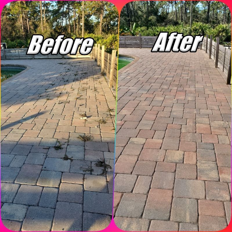 Split image of a paved walkway before and after repair, showing damaged stones on the left and smooth pavers on the right