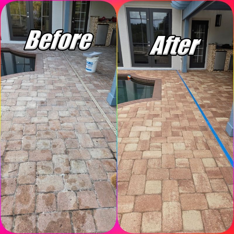 Before-and-after patio paver cleaning: left stained, right clean tan bricks with blue tape line.
