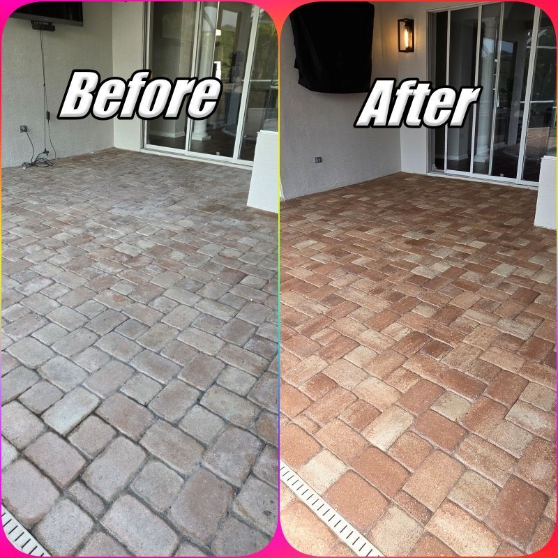 Before-and-after view of a patio tile cleaning, showing dirty gray pavers beside a cleaned reddish-tan surface.
