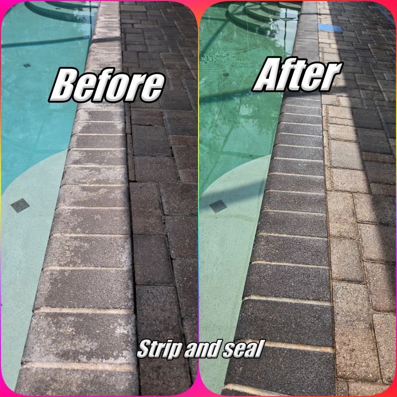 Before-and-after pool deck strip and seal: worn gray pavers beside clean, dark resurfaced edge.