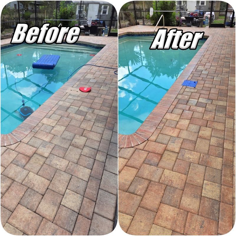 Pool deck before-and-after: wet blue poolside pavers become clean and dry.