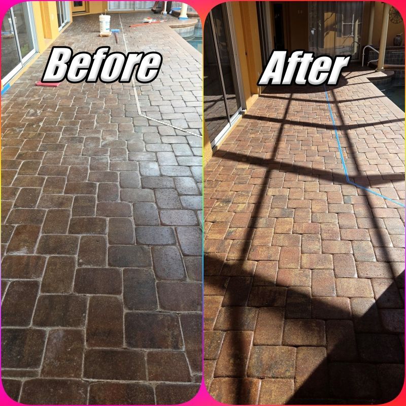 Before-and-after of brick paver cleaning, showing darker dirty surface and lighter cleaned surface with shadows.