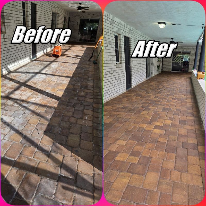 Before-and-after patio walkway: cracked brick pavers replaced with smooth, clean brick paving.