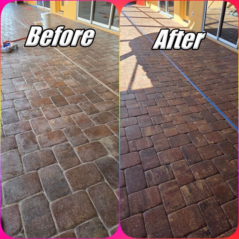 Before-and-after of a brick patio: left is dirty and dull, right is cleaned and darker with a blue hose line.