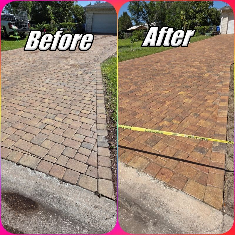Before-and-after driveway paver comparison: dull gray bricks become warm, cleaned tan bricks.
