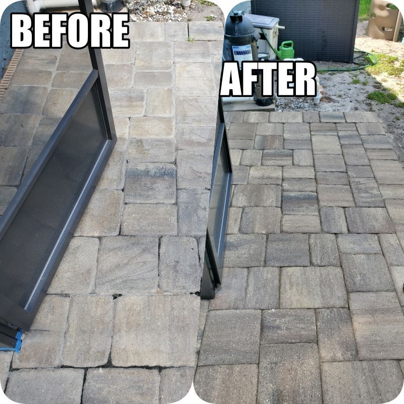 Before-and-after view of a stone patio walkway, showing worn pavers replaced with a cleaner, more even surface.
