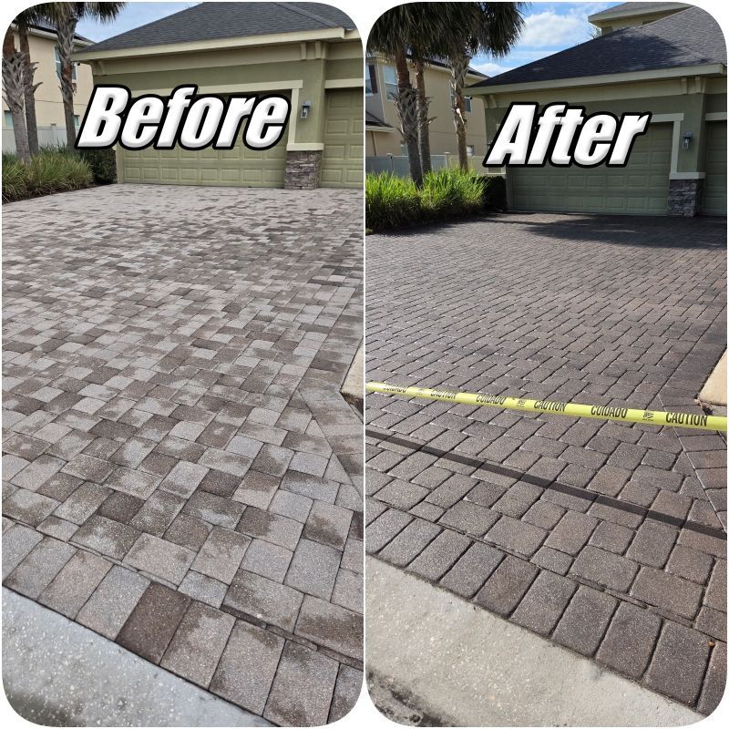 Before-and-after of a brick paver driveway, with a cleaner, darker result on the right.