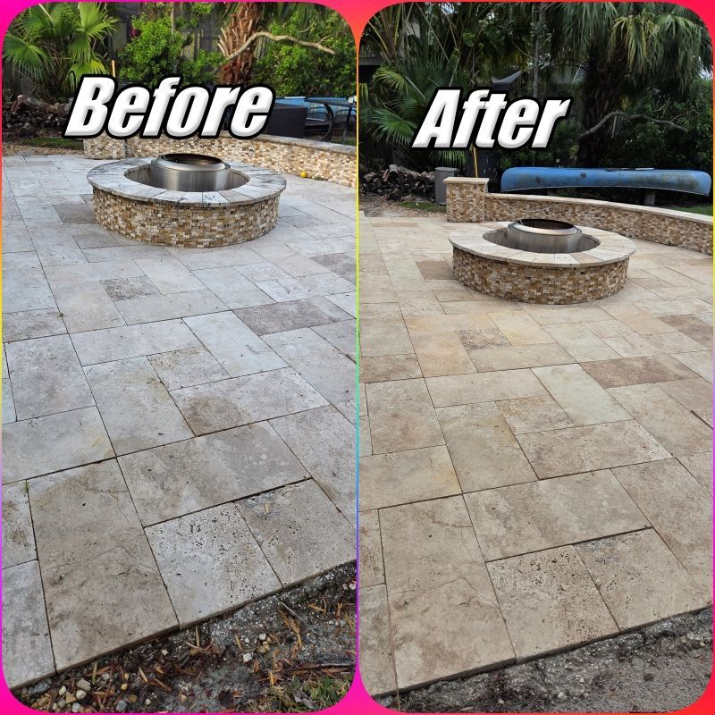 Before and after of a cleaned stone patio around a circular fire pit in a park