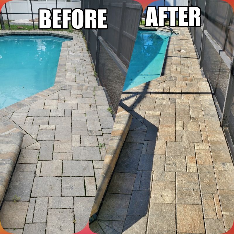 Before-and-after view of a pool deck: gray pavers changed to tan pavers along the pool edge.