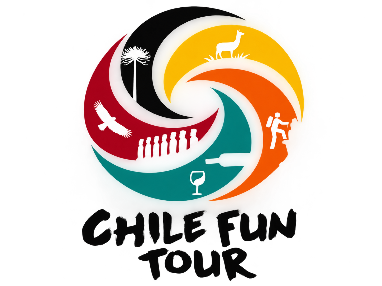Logotipo turístico chileno con coloridos iconos en espiral y el texto “Chile Fun Tour”.