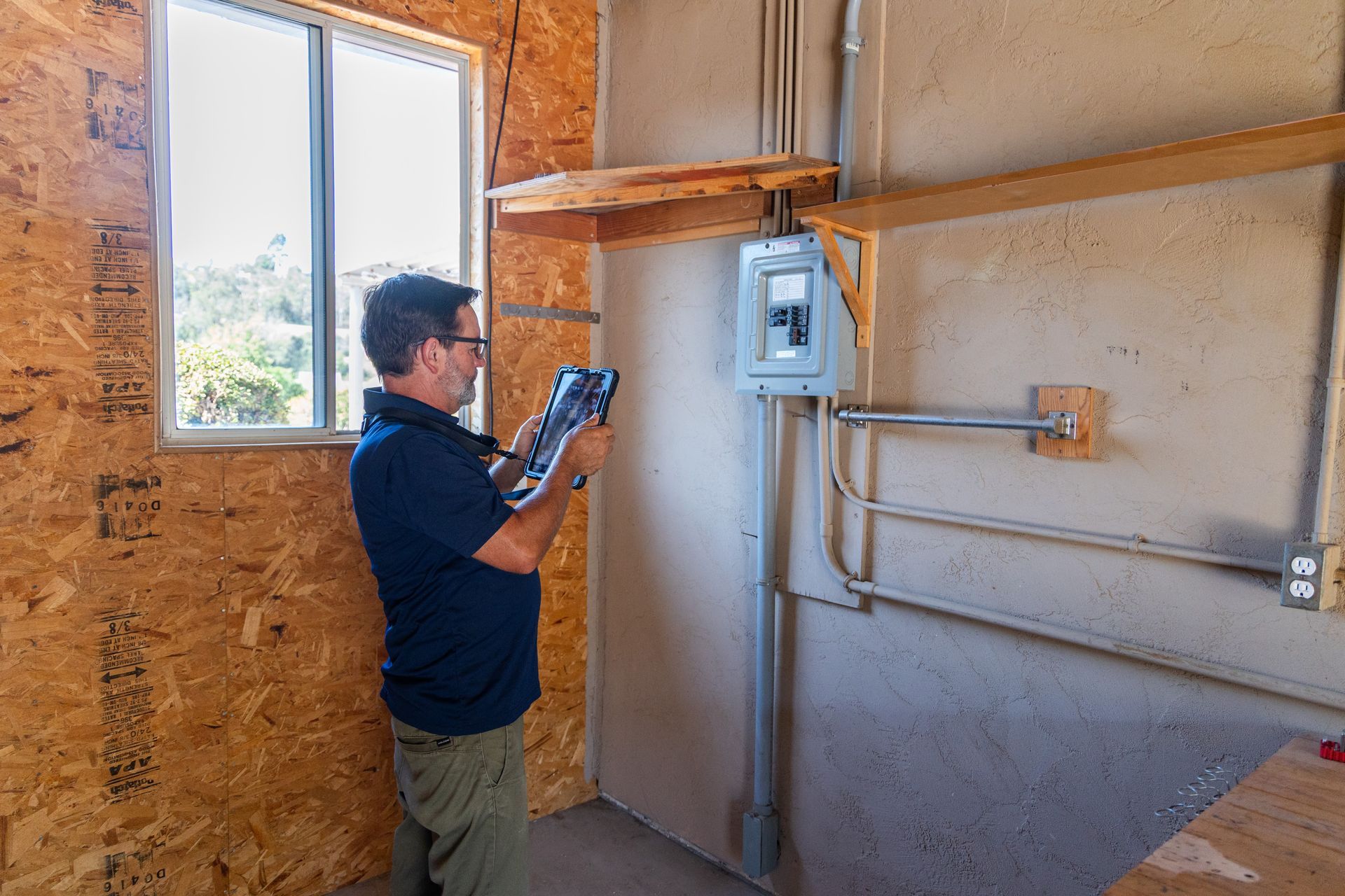 Person inspecting an electrical panel in an unfinished room with exposed wiring and a window.