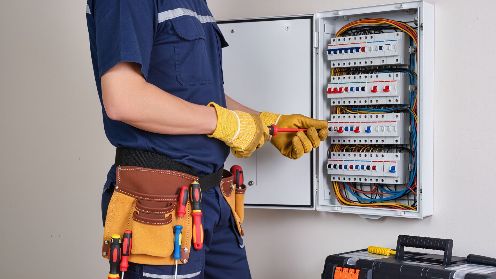 Electrician in gloves wiring an open electrical panel with circuit breakers and exposed cables. Electrician in gloves wiring an open electrical panel with circuit breakers and exposed cables.