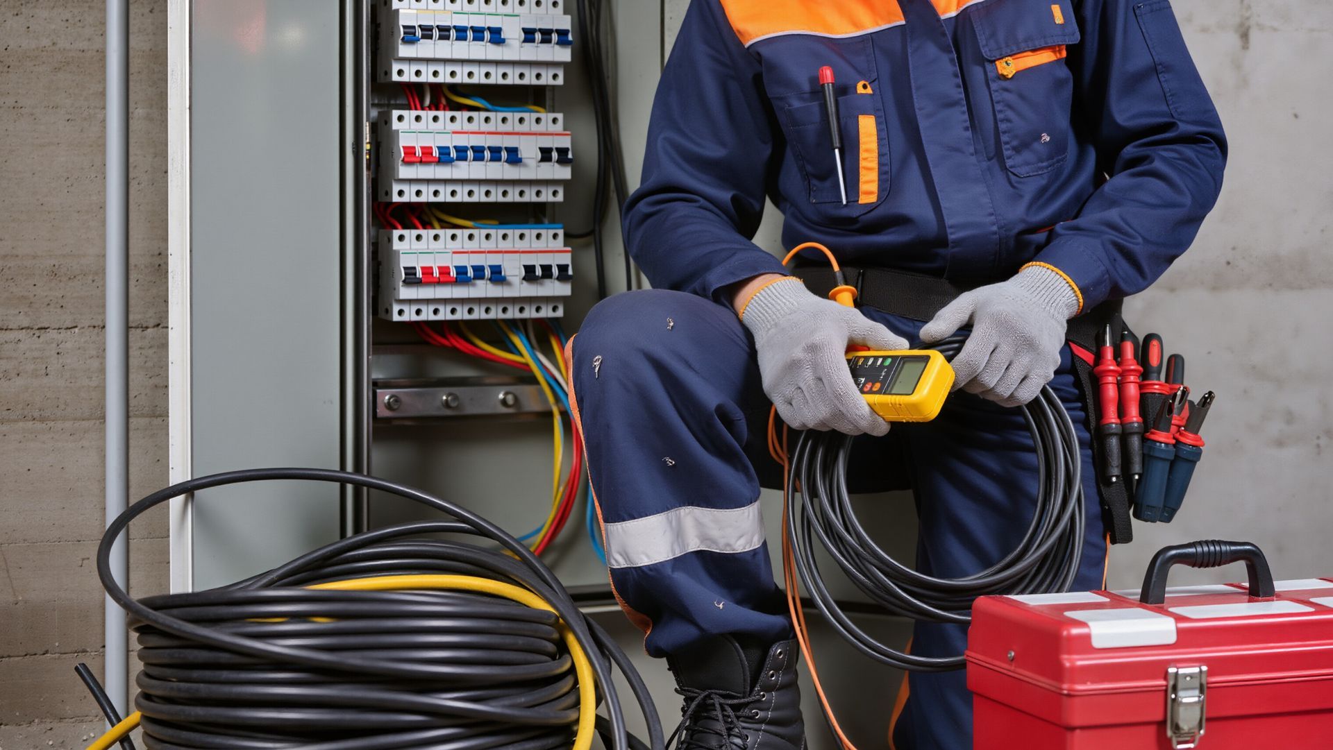 Electrician in blue workwear handling coiled cables beside an electrical panel and tools. Electrician in blue workwear handling coiled cables beside an electrical panel and tools.